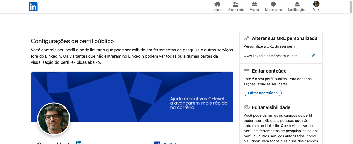 Tela Editar perfil público e URL no LinkedIn